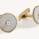 Mother of Pearl Round Cufflinks - Yellow Gold